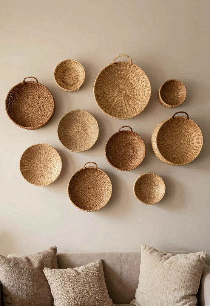 14 DIY Living Room Wall Decor Ideas on a Budget 8. Woven Baskets Wall Display 0