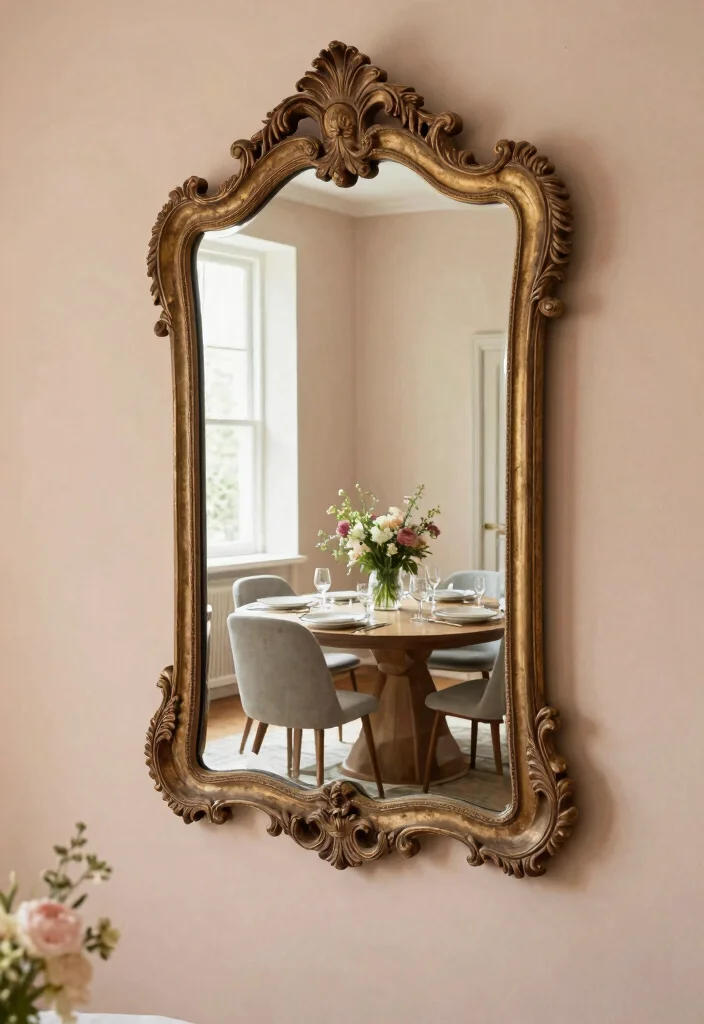 14 Dining Room Mirror Wall Decor Ideas for Depth 1. Statement Vintage Mirror 0