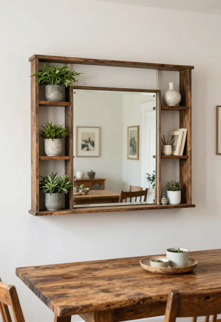 14 Dining Room Mirror Wall Decor Ideas for Depth 14. Vintage Mirror with Shelving 0