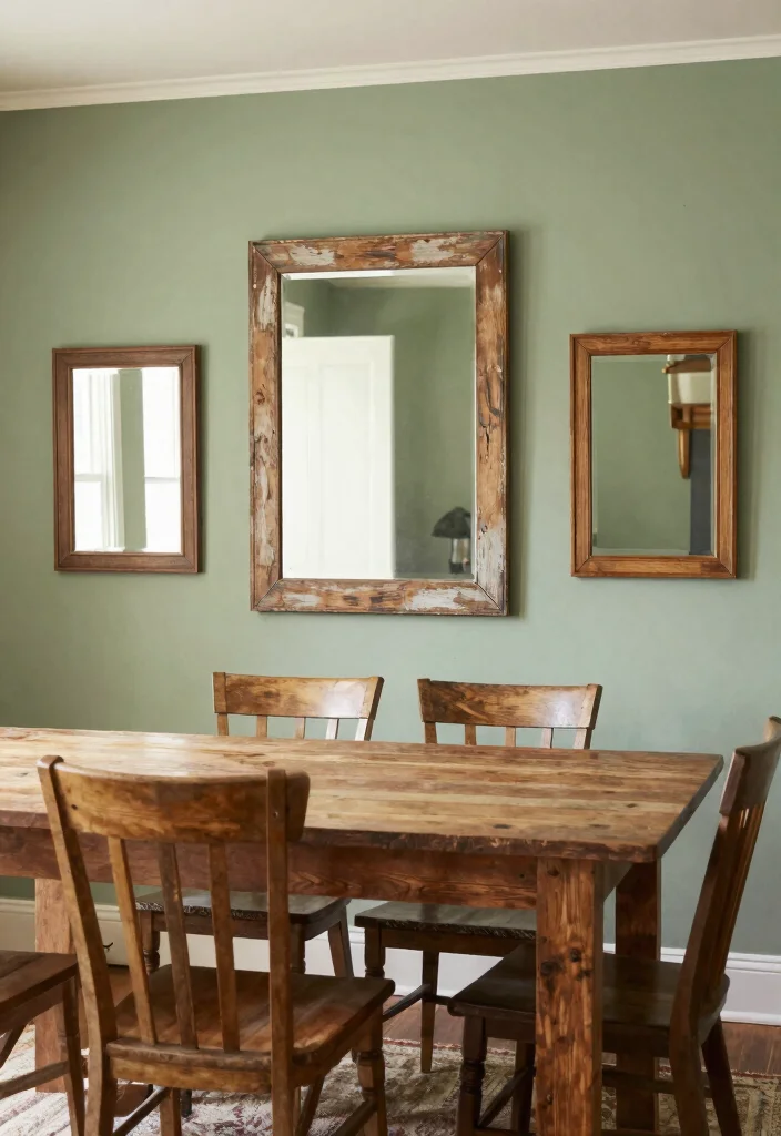 14 Dining Room Mirror Wall Decor Ideas for Depth 3. Rustic Wood Framed Mirrors 0