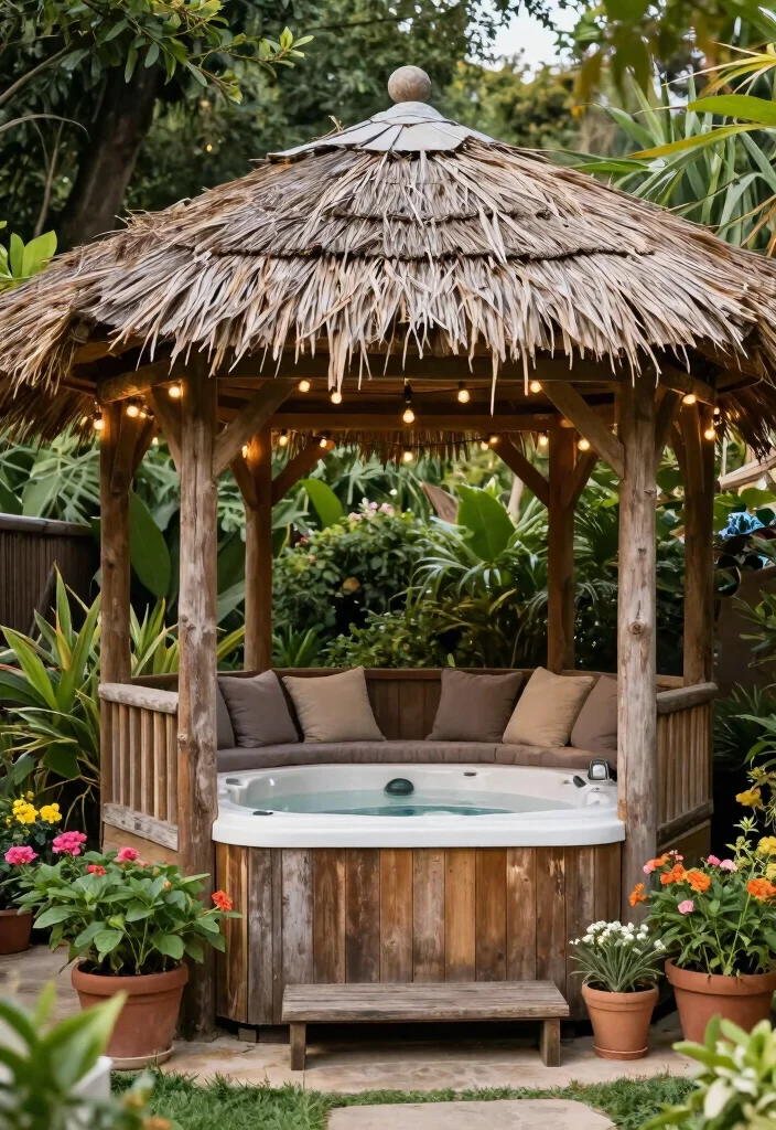 14 Enclosed Backyard Hot Tub Ideas for Privacy and Year Round Use 1. Rustic Wooden Gazebo Retreat 0