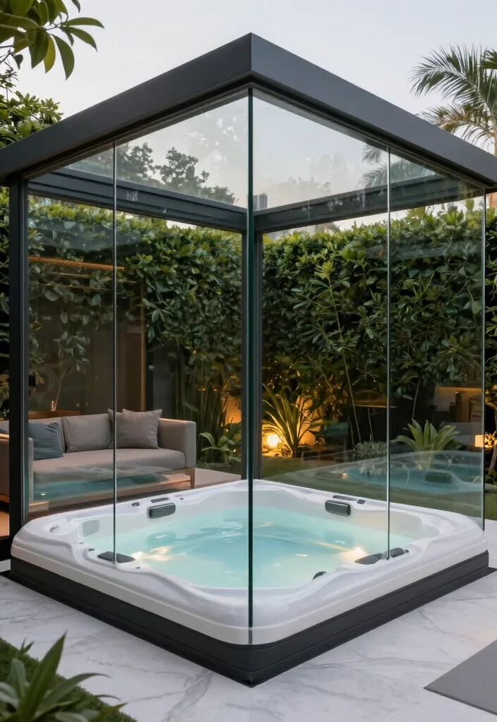 14 Enclosed Backyard Hot Tub Ideas for Privacy and Year Round Use 2. Modern Glass Enclosure 0