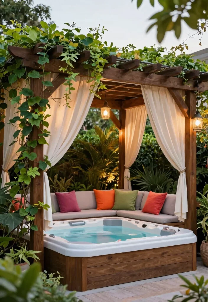 14 Enclosed Backyard Hot Tub Ideas for Privacy and Year Round Use 3. Chic Pergola Oasis 0