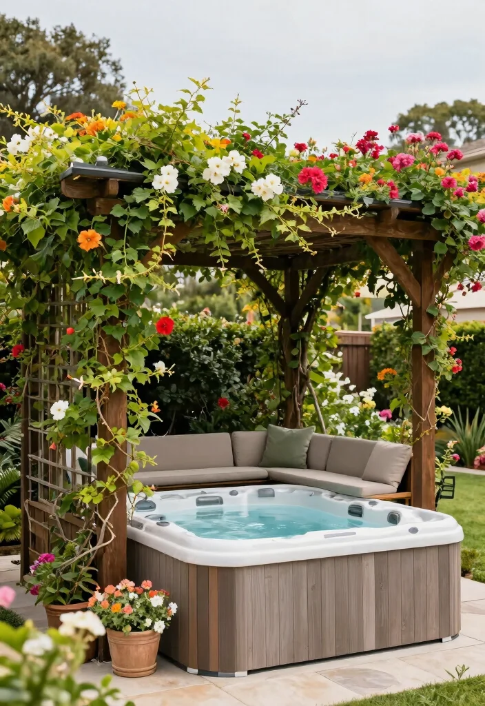 14 Enclosed Backyard Hot Tub Ideas for Privacy and Year Round Use 6. Trellis with Climbing Vines 0