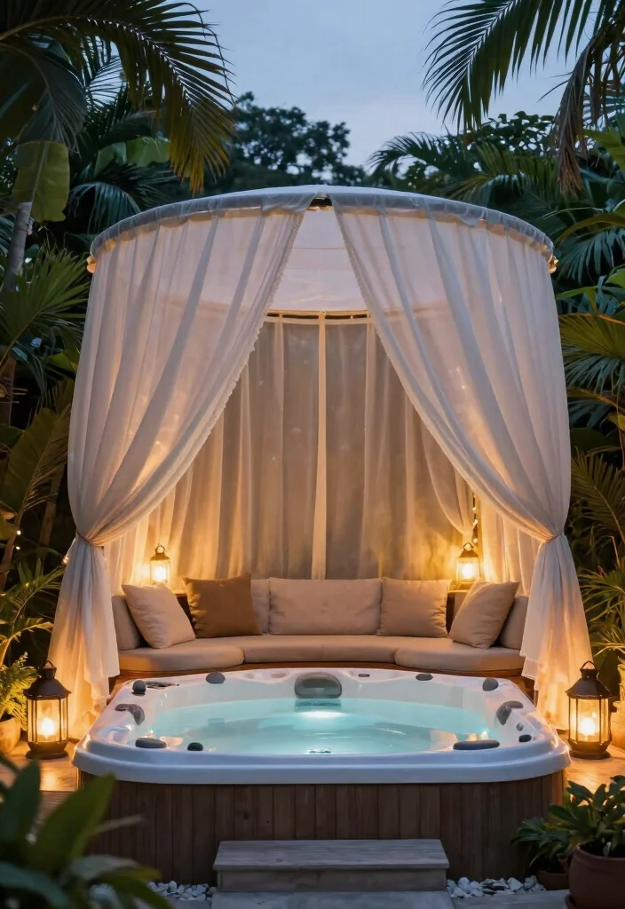 14 Enclosed Backyard Hot Tub Ideas for Privacy and Year Round Use 8. Luxurious Canopy Retreat 0