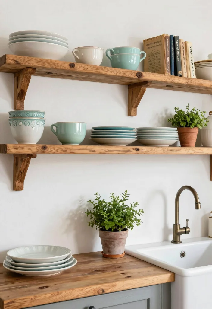 14 Large Kitchen Wall Decor Ideas for Empty Spaces 2. Rustic Wooden Shelves 0