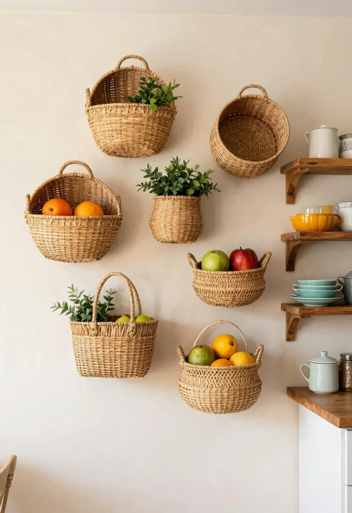 14 Large Kitchen Wall Decor Ideas for Empty Spaces 6. Whimsical Woven Baskets 0