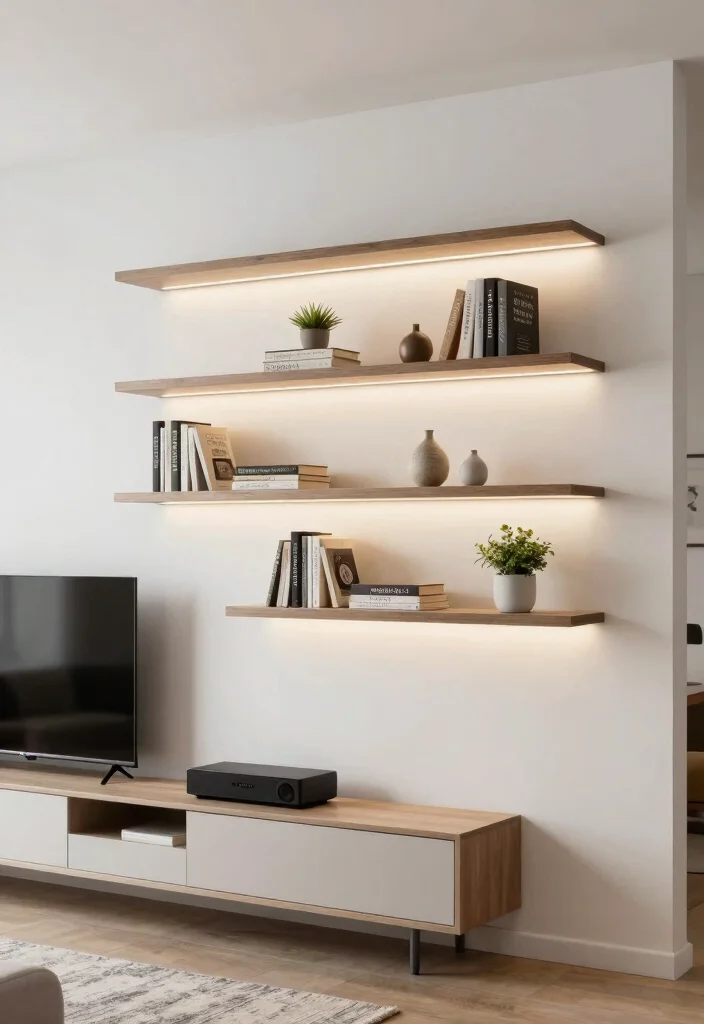 14 Media Wall Decor Ideas for Living Rooms and Lounges 2. Floating Shelves Display 0