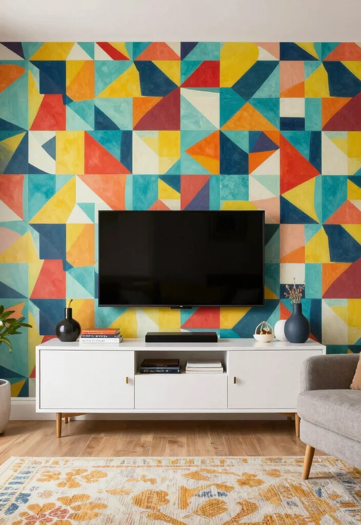14 Media Wall Decor Ideas for Living Rooms and Lounges 3. Statement Wall with Wallpaper 0