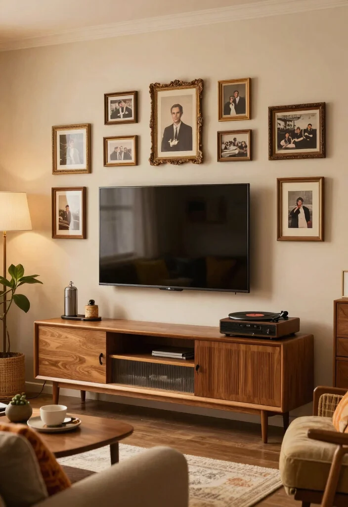 14 Media Wall Decor Ideas for Living Rooms and Lounges 4. Vintage Frames with Modern Tech 0
