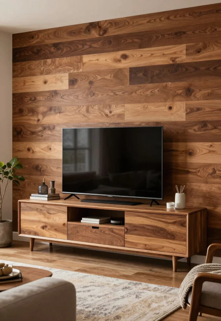 14 Media Wall Decor Ideas for Living Rooms and Lounges 5. Textured Wall with Wood Panels 0