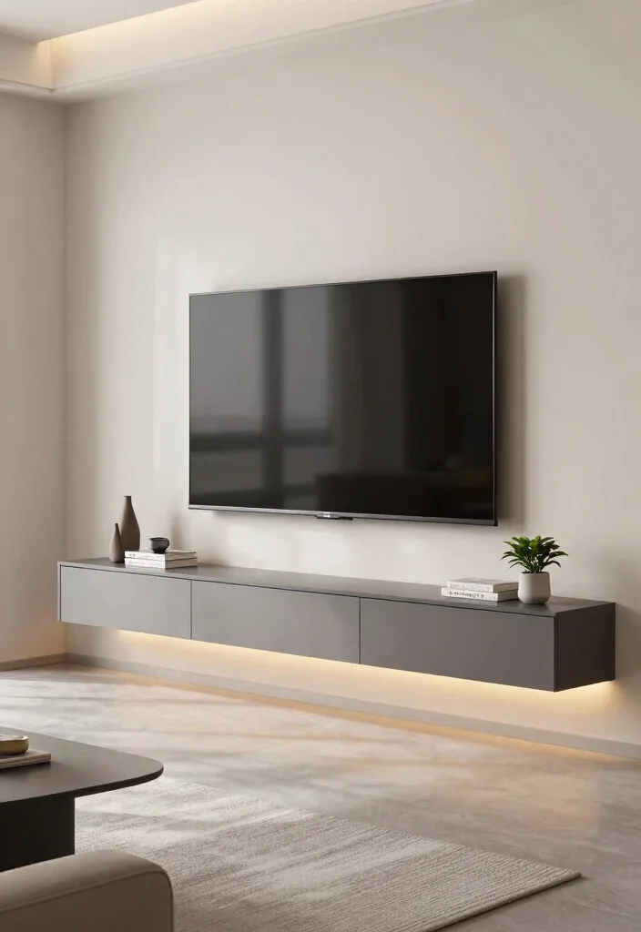 14 Media Wall Decor Ideas for Living Rooms and Lounges 6. Floating Media Console with Accent Lighting 0