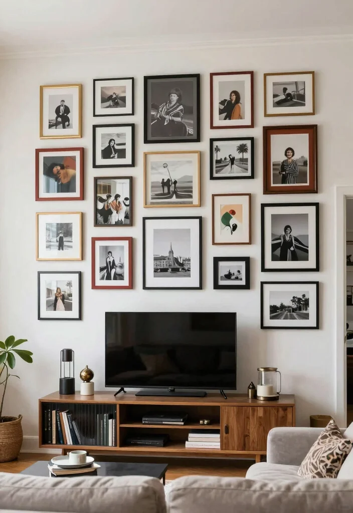14 Media Wall Decor Ideas for Living Rooms and Lounges 9. Mix and Match Frames 0