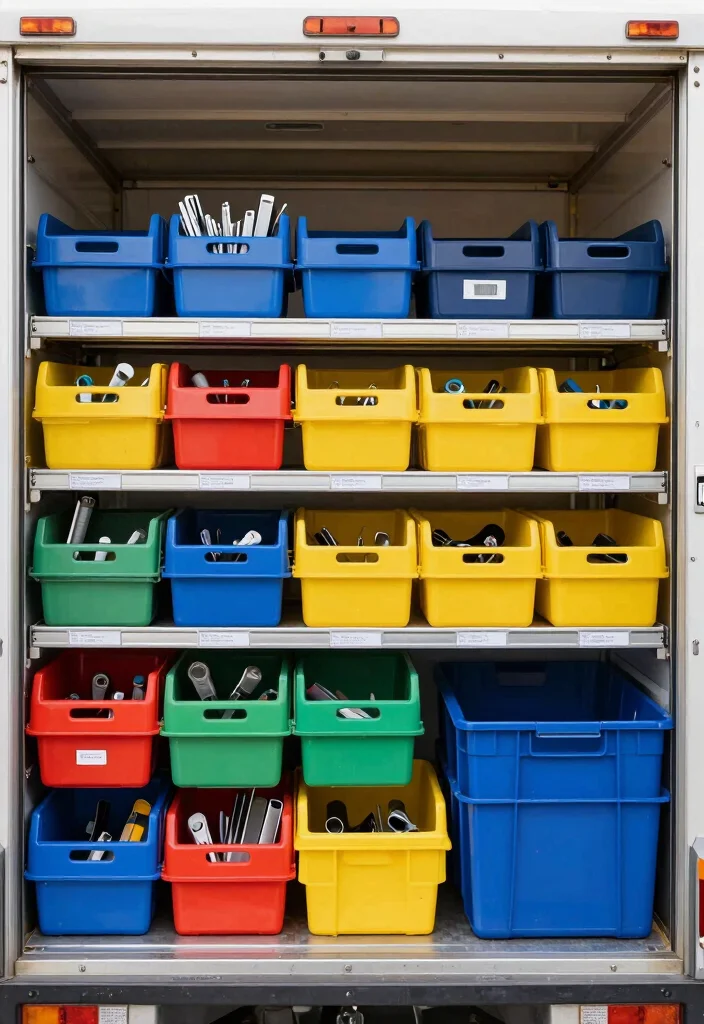 14 Tool Trailer Organization Ideas for Mobile Work 2. Color Coded Storage Bins 0