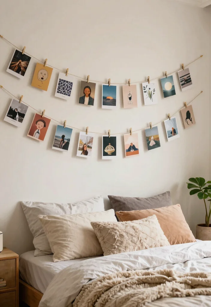 16 Bedroom Aesthetic Wall Decor Ideas That Feel Personal 15. Playful Hanging Photo Strings 0