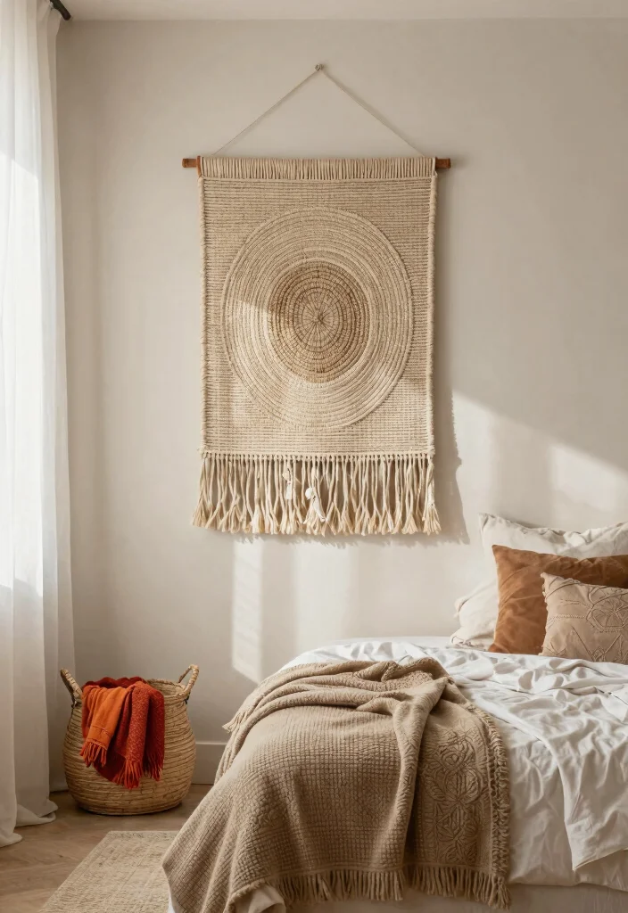 16 Bedroom Aesthetic Wall Decor Ideas That Feel Personal 16. Bohemian Woven Wall Art 0