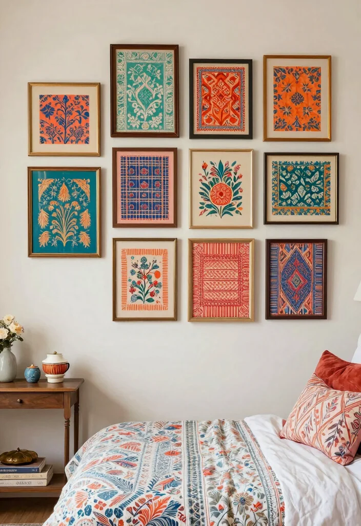 16 Bedroom Aesthetic Wall Decor Ideas That Feel Personal 8. Vintage Frames with Printed Fabrics 0