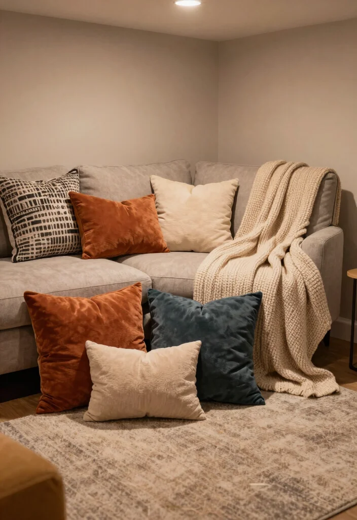 16 Open Basement Ideas That Feel Bright and Spacious 13. Comfort with Throw Pillows and Blankets 0